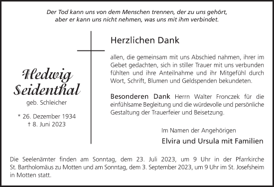 Traueranzeige von Hedwig Seidenthal von FZ