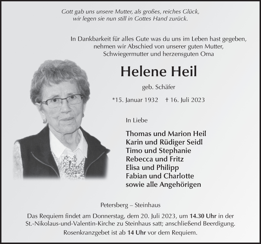  Traueranzeige für Helene Heil vom 18.07.2023 aus FZ