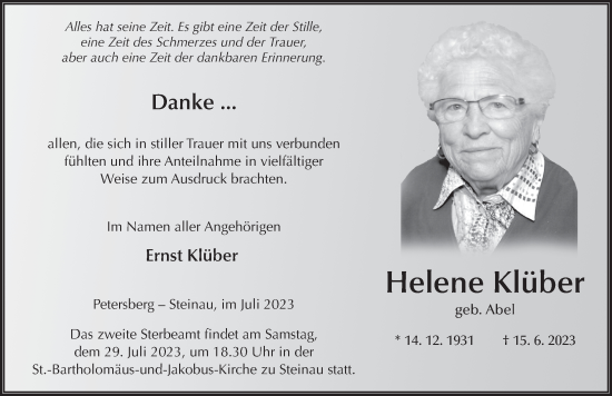 Traueranzeige von Helene Klüber von FZ