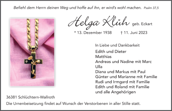 Traueranzeige von Helga Klüh von FZ
