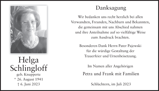 Traueranzeige von Helga Schlingloff von FZ