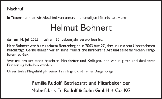 Traueranzeige von Helmut Bohnert von FZ
