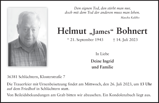 Traueranzeige von Helmut Bohnert von FZ