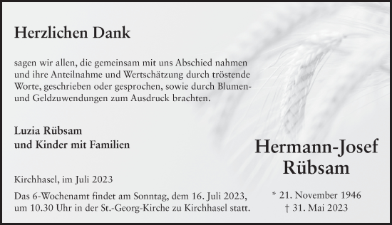 Traueranzeige von Hermann-Josef Rübsam von FZ