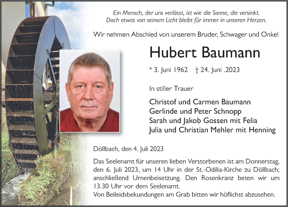  Traueranzeige für Hubert Baumann vom 04.07.2023 aus FZ