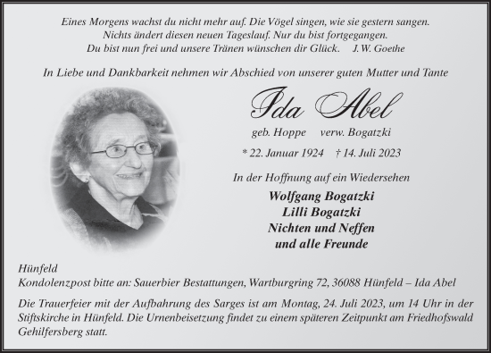 Traueranzeige von Ida Abel von FZ