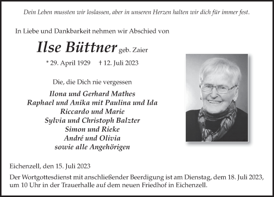 Traueranzeige von Ilse Büttner von FZ