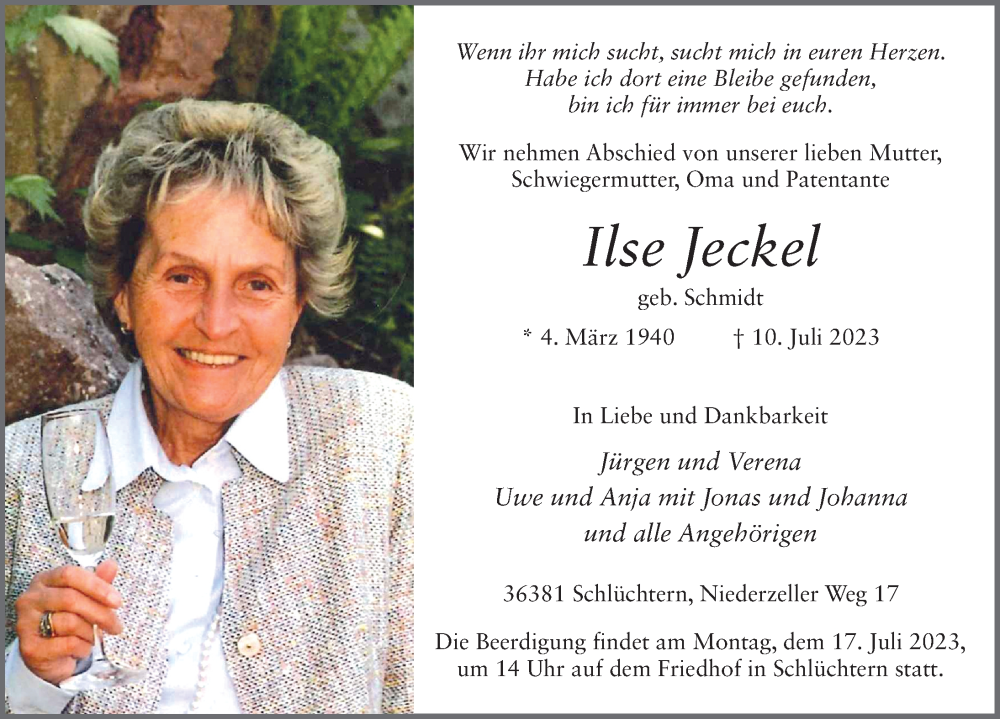  Traueranzeige für Ilse Jeckel vom 15.07.2023 aus FZ