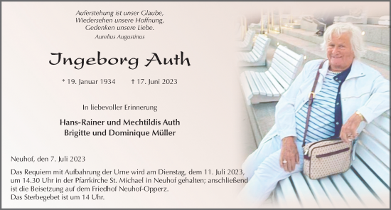 Traueranzeige von Ingeborg Auth von FZ