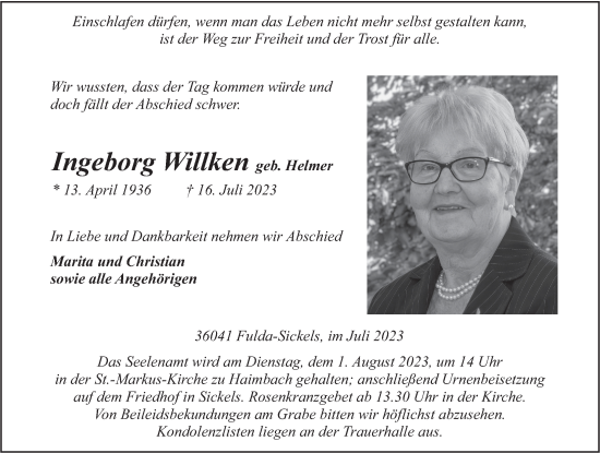 Traueranzeige von Ingeborg Willken von FZ