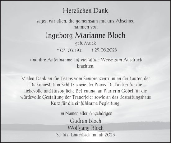 Traueranzeige von Ingeborg Marianne Bloch von FZ