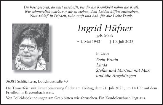 Traueranzeige von Ingrid Hüfner von FZ