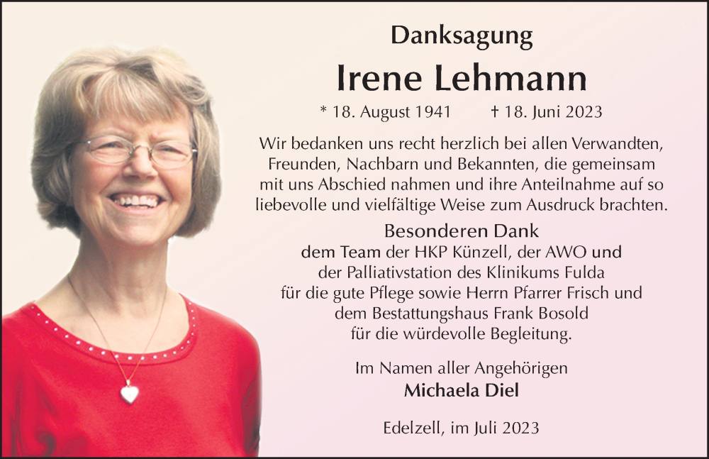  Traueranzeige für Irene Lehmann vom 15.07.2023 aus FZ