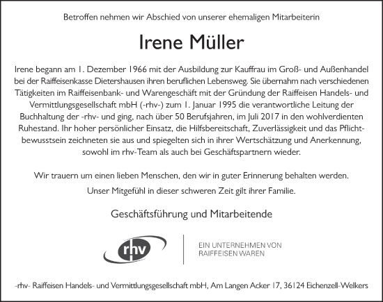 Traueranzeige von Irene Müller von FZ