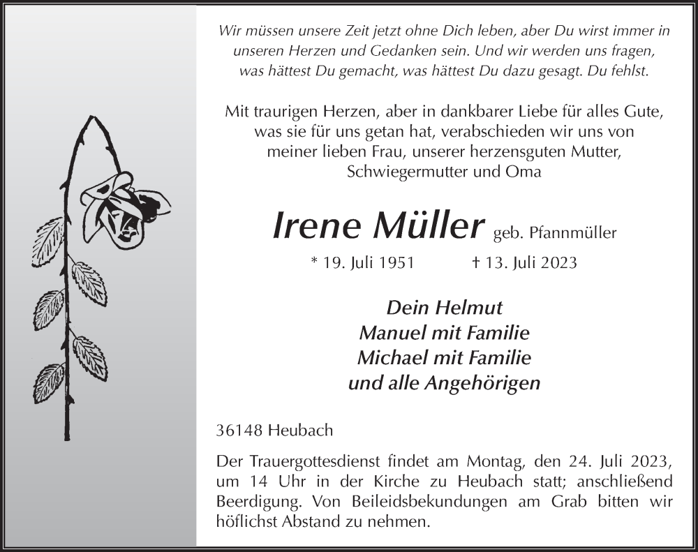  Traueranzeige für Irene Müller vom 20.07.2023 aus FZ
