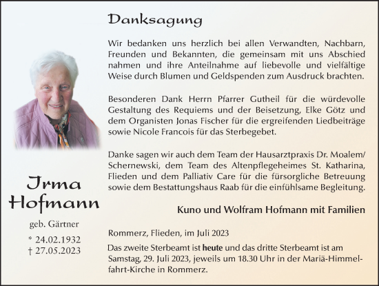 Traueranzeige von Irma Hofmann von FZ