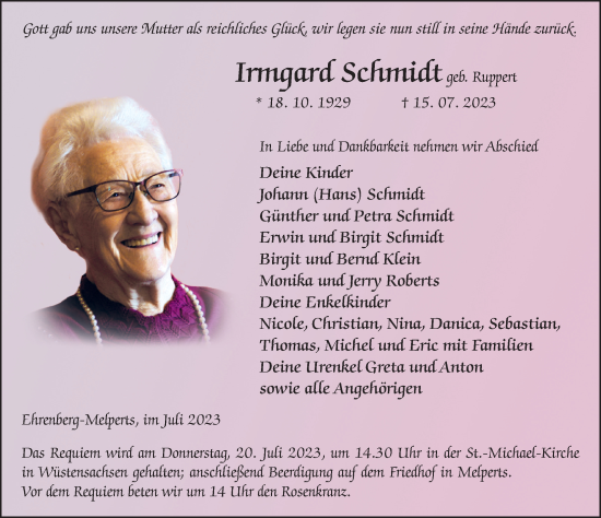 Traueranzeige von Irmgard Schmidt von FZ