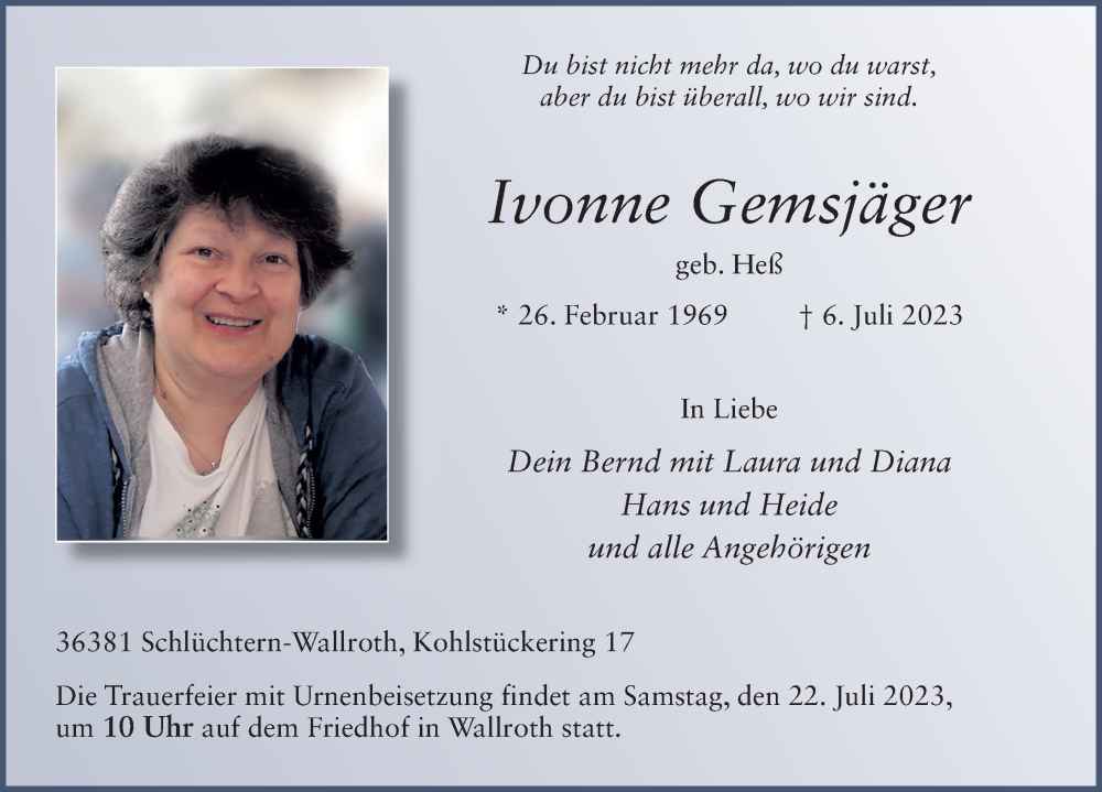  Traueranzeige für Ivonne Gemsjäger vom 15.07.2023 aus FZ