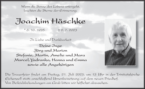 Traueranzeige von Joachim Häschke von FZ