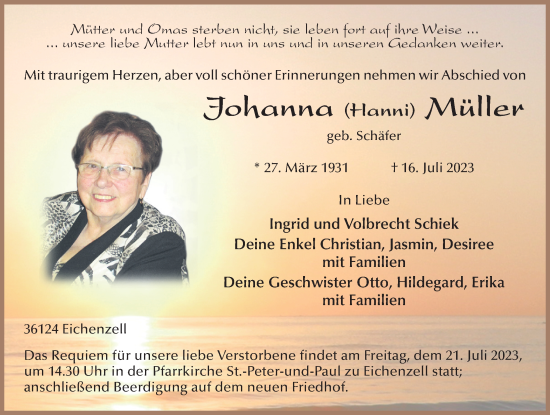Traueranzeige von Johanna Müller von FZ
