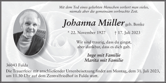 Traueranzeige von Johanna Müller von FZ