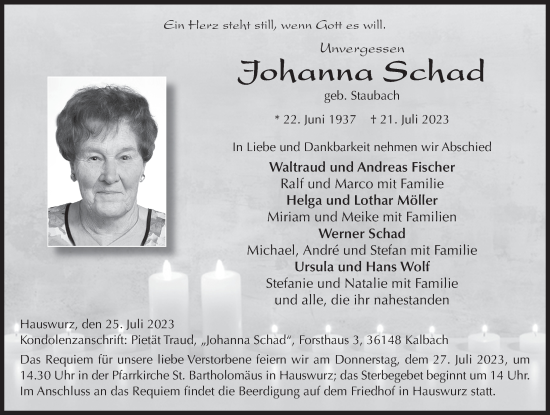 Traueranzeige von Johanna Schad von FZ