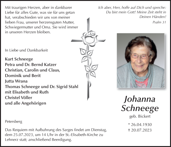 Traueranzeige von Johanna Schneege von FZ