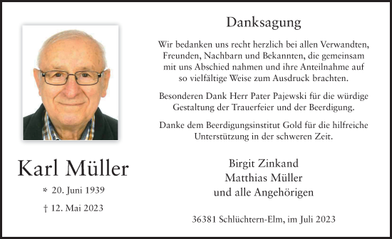Traueranzeige von Karl Müller von FZ