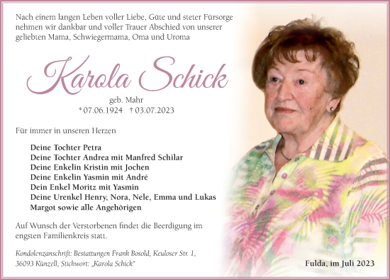 Traueranzeige von Karola Schick von FZ