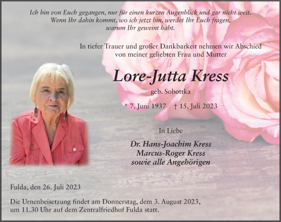 Traueranzeige von Lore-Jutta Kress von FZ