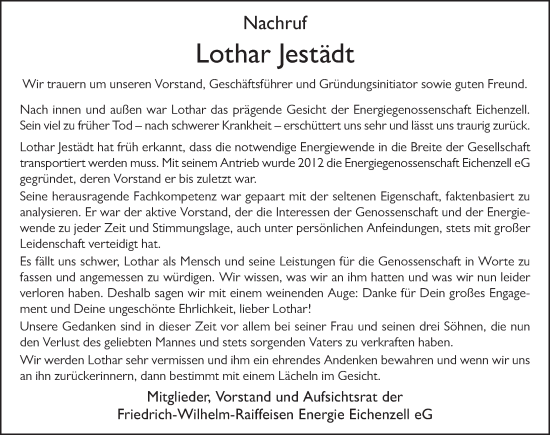 Traueranzeige von Lothar Jestädt von FZ