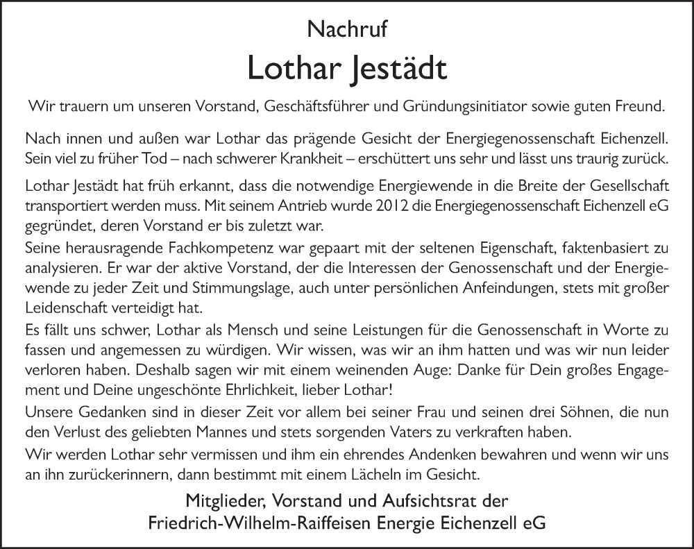  Traueranzeige für Lothar Jestädt vom 22.07.2023 aus FZ