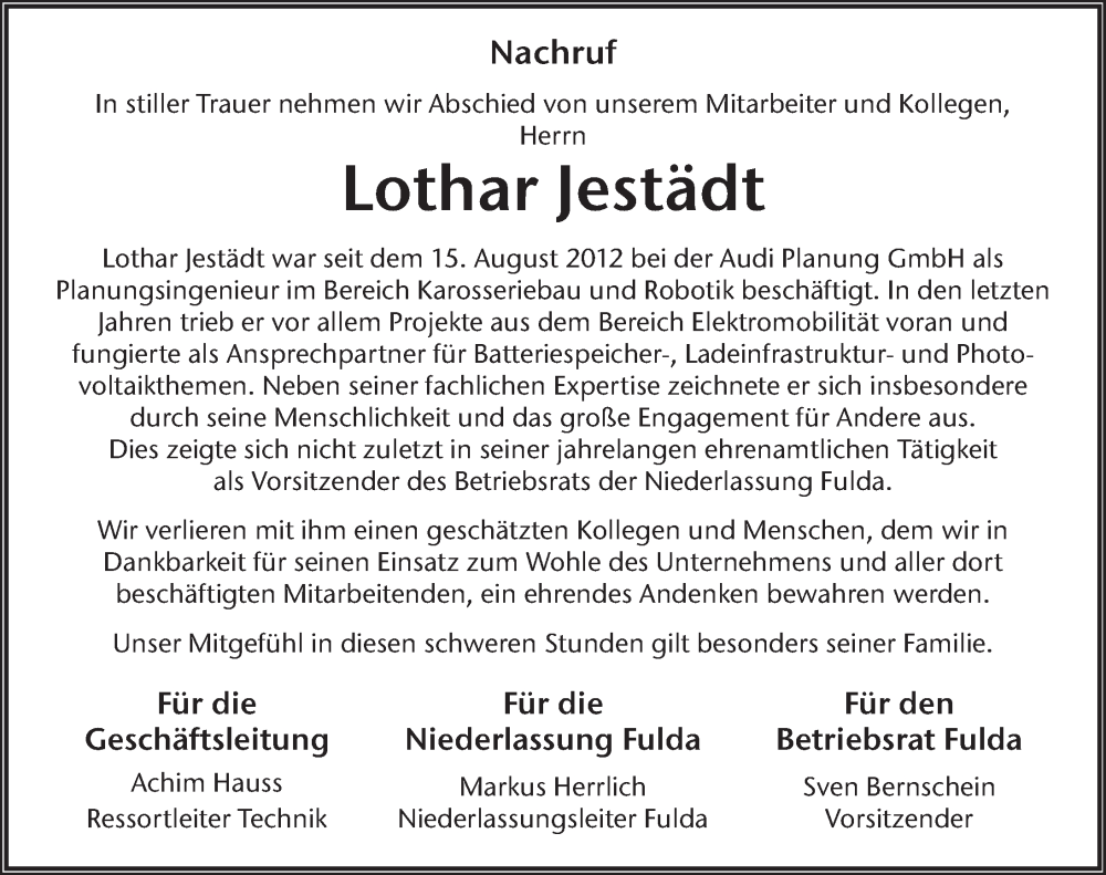 Traueranzeige für Lothar Jestädt vom 22.07.2023 aus FZ