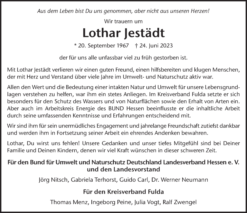  Traueranzeige für Lothar Jestädt vom 22.07.2023 aus FZ