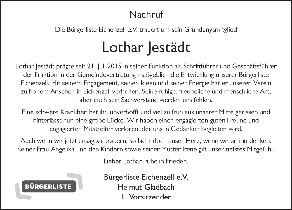  Traueranzeige für Lothar Jestädt vom 22.07.2023 aus FZ