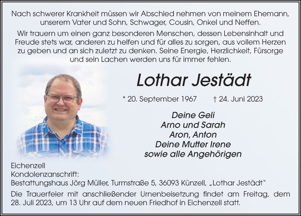  Traueranzeige für Lothar Jestädt vom 22.07.2023 aus FZ