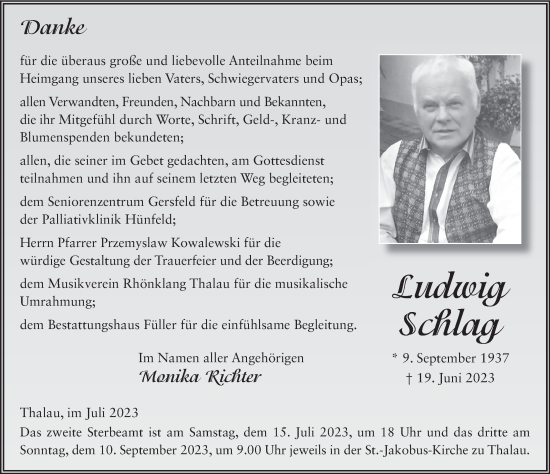 Traueranzeige von Ludwig Schlag von FZ