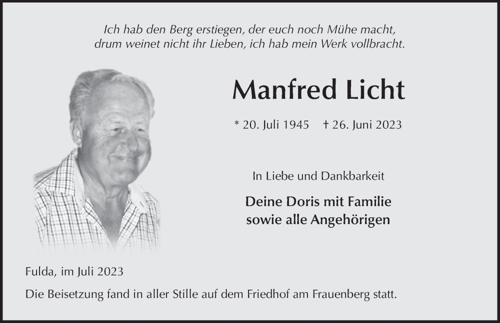  Traueranzeige für Manfred Licht vom 08.07.2023 aus FZ