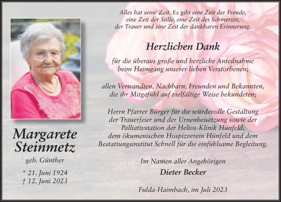 Traueranzeige von Margarete Steinmetz von FZ