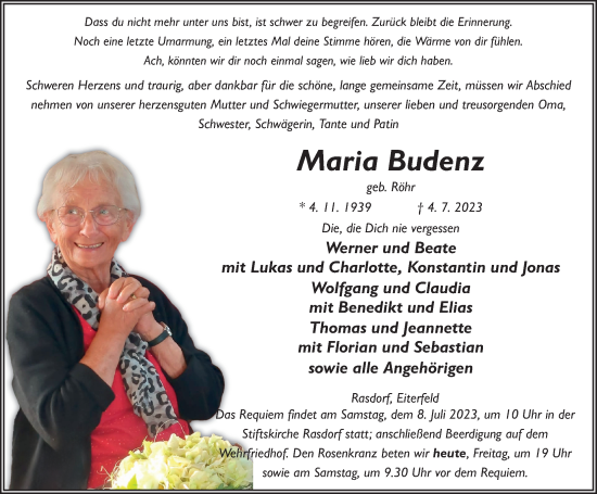 Traueranzeige von Maria Budenz von FZ