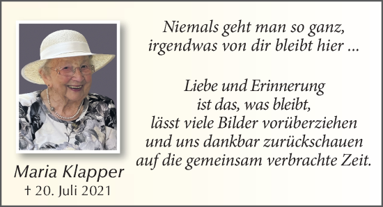 Traueranzeige von Maria Klapper von FZ