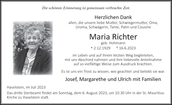 Traueranzeige von Maria Richter von FZ