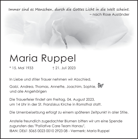 Traueranzeige von Maria Ruppel von FZ