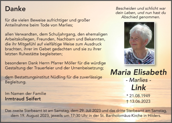 Traueranzeige von Maria Elisabeth Link von FZ