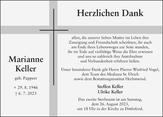 Traueranzeige von Marianne Keller von FZ