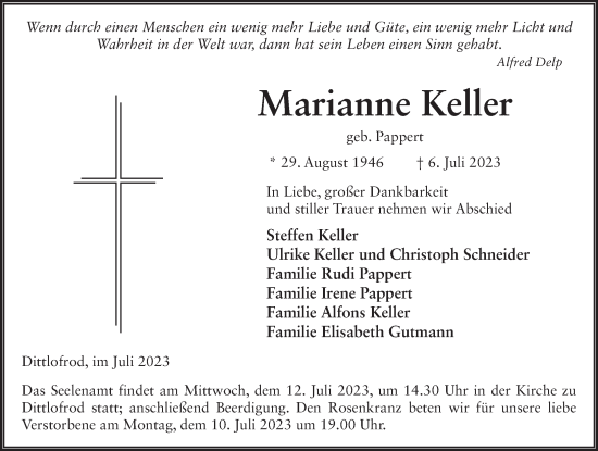 Traueranzeige von Marianne Keller von FZ