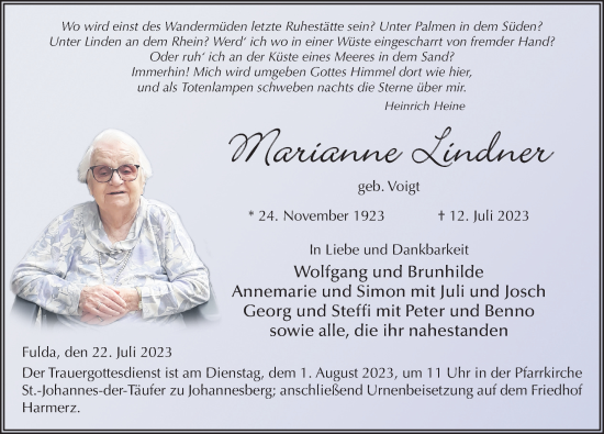 Traueranzeige von Marianne Lindner von FZ