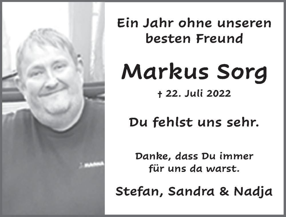  Traueranzeige für Markus Sorg vom 22.07.2023 aus FZ