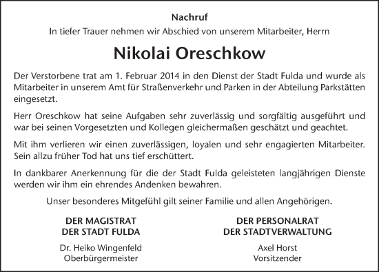 Traueranzeige von Nikolai Oreschkow von FZ