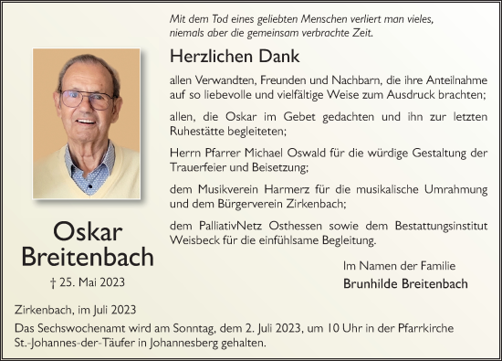 Traueranzeige von Oskar Breitenbach von FZ